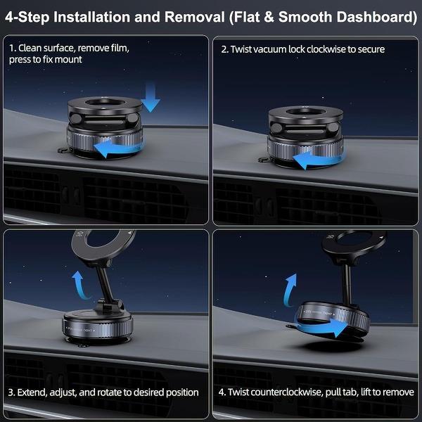 Universal Magnetic Car Phone Holder Strong Vacuum Suction Cup Mount for All Smartphones & Vehicles Foldable Design Works on Dashboard Gym & Bathroom Mirrors