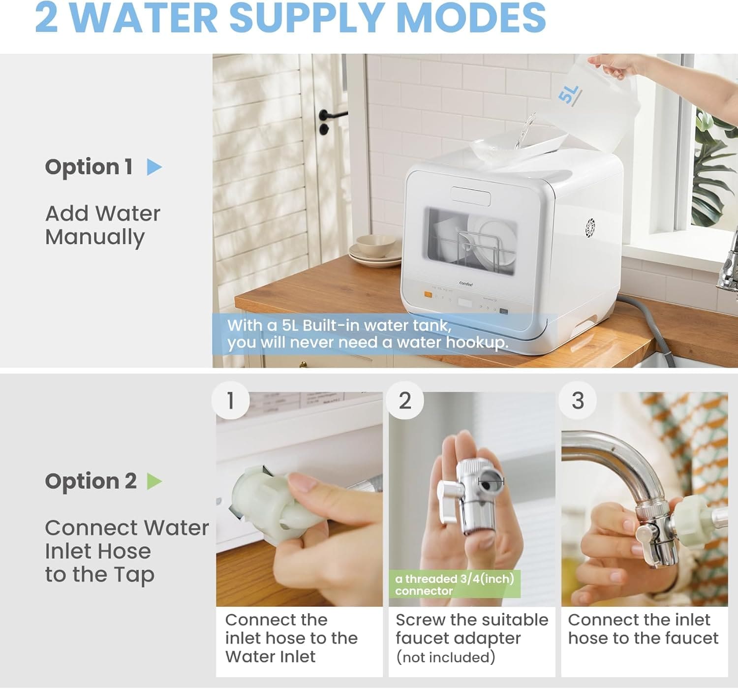Portable Countertop Dishwashers, Compact Dishwashers with 5L Built-in Water Tank & Inlet Hose, 5 Washing Programs, Baby Care, Air-Dry Function and LED Light for Small Apartments