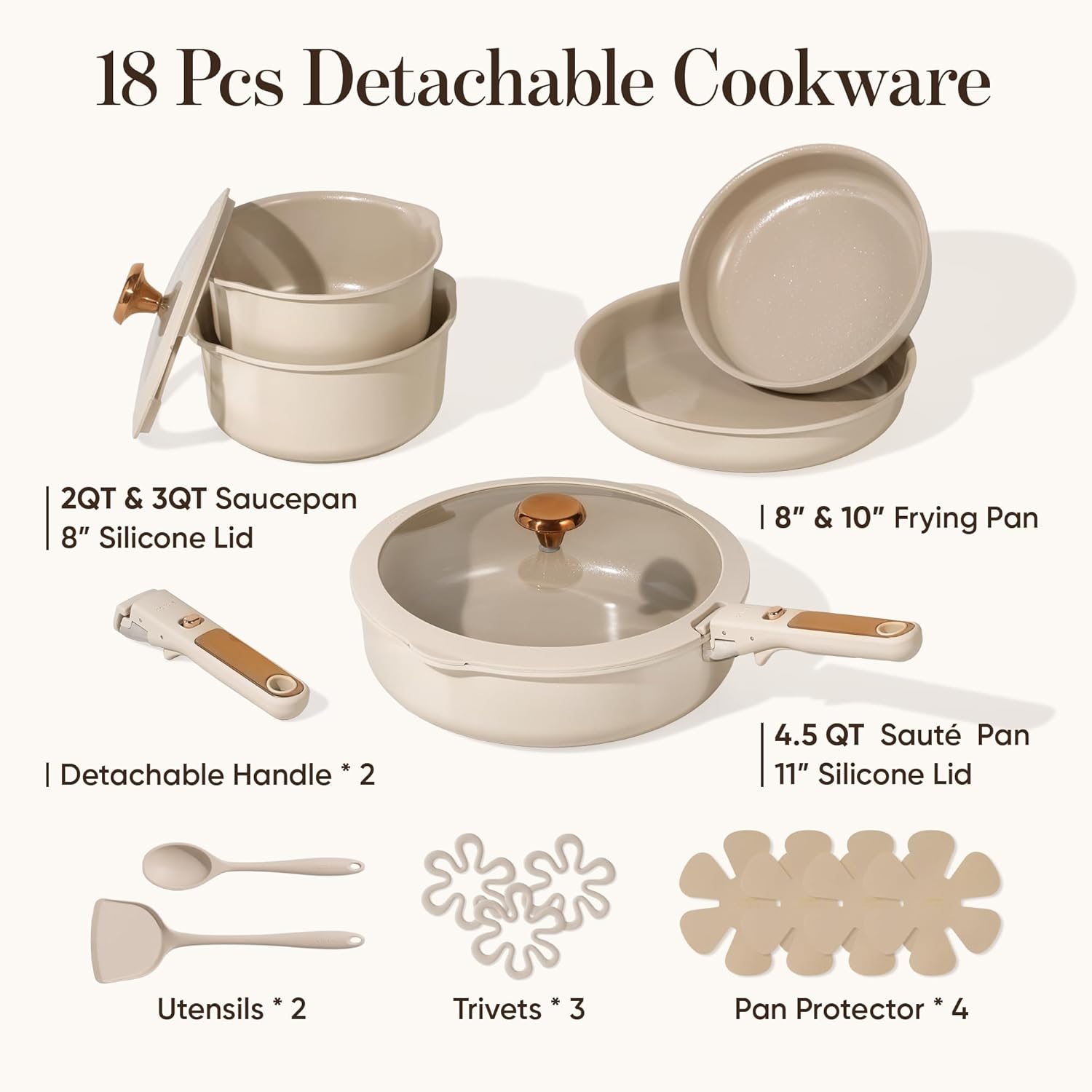 19Pcs Ceramic Cookware Set Nonstick with Detachable Handle