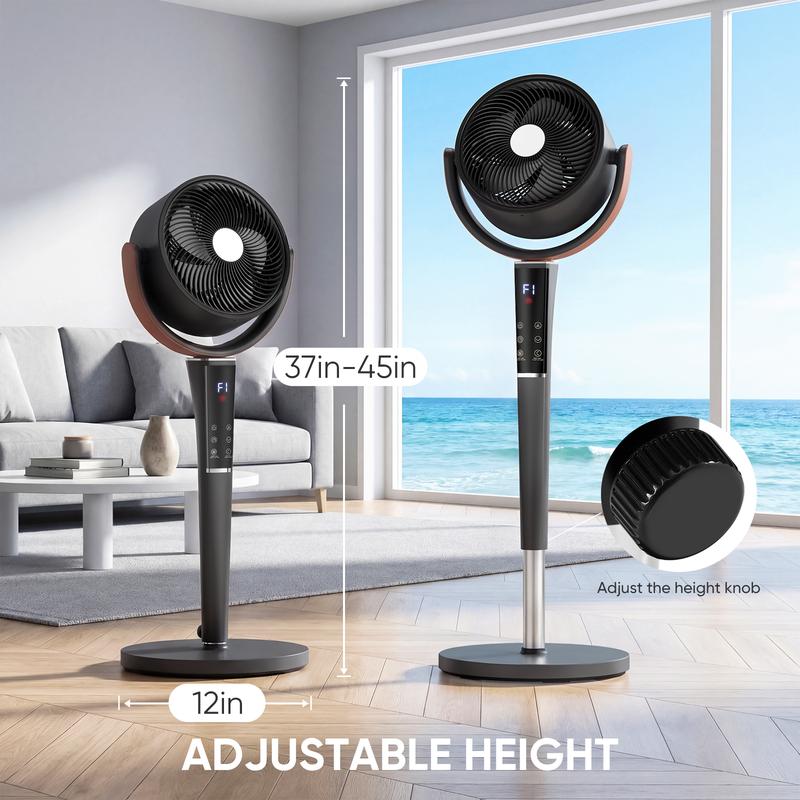 Bedroom Pedestal Fan, Quiet 20dB DC Air Circulator, 15 Speeds 5 Modes, 120° Oscillation, 12H Timer, 1050CFM Airflow, 37-45\" Adjustable Height, LED Light, Standing Fan with Remote
