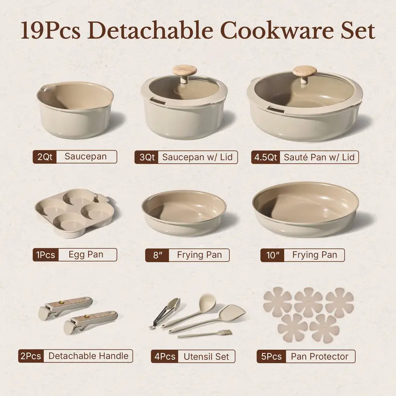 19Pcs Ceramic Cookware Set Nonstick with Detachable Handle